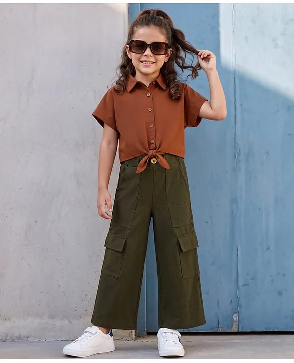 Cotton Woven Half Sleeve Solid Shirt Top & Waffle Knit Culottes - Brown & Olivegreen